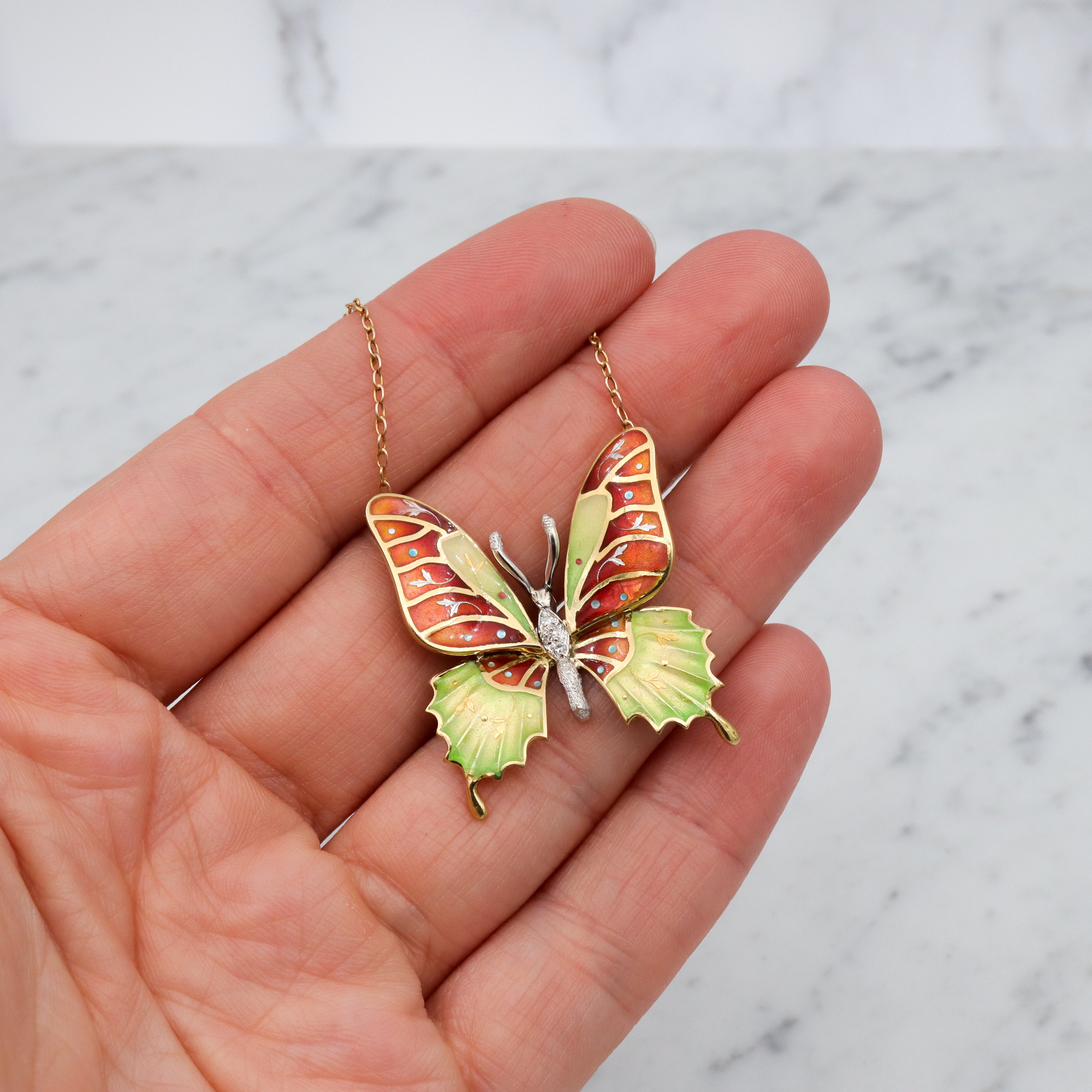 Antique 14k gold enamel & diamond butterfly pendant necklace